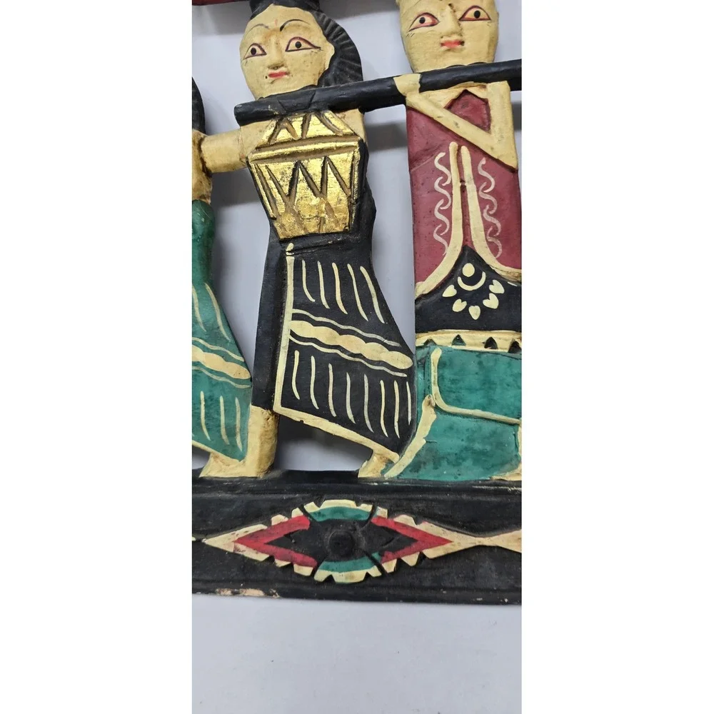 Vtg Balinese hand carved wood wall art procession figures painted gold relief